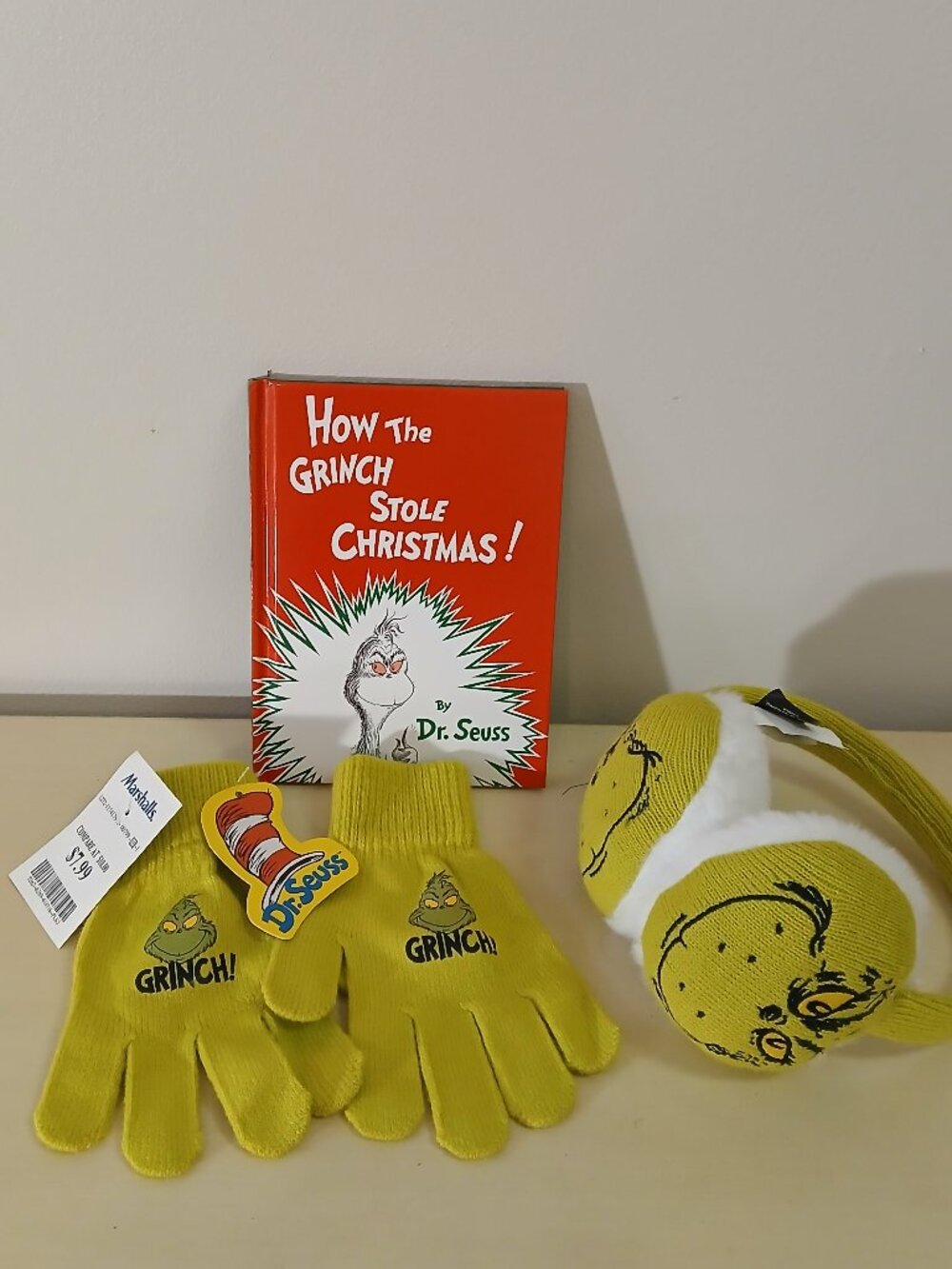 NWT Grinch hardback book, ear muffs & mittens - child size